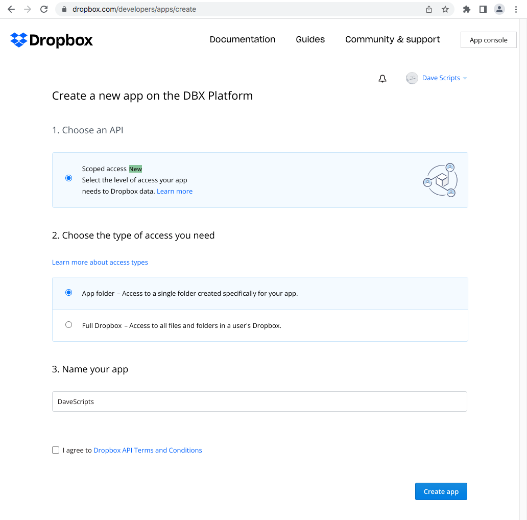 Create new App in Dropbox
